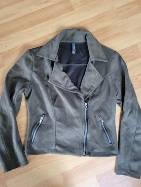 Women's Olive Suede Moto Jacket with Asymmetrical Zip